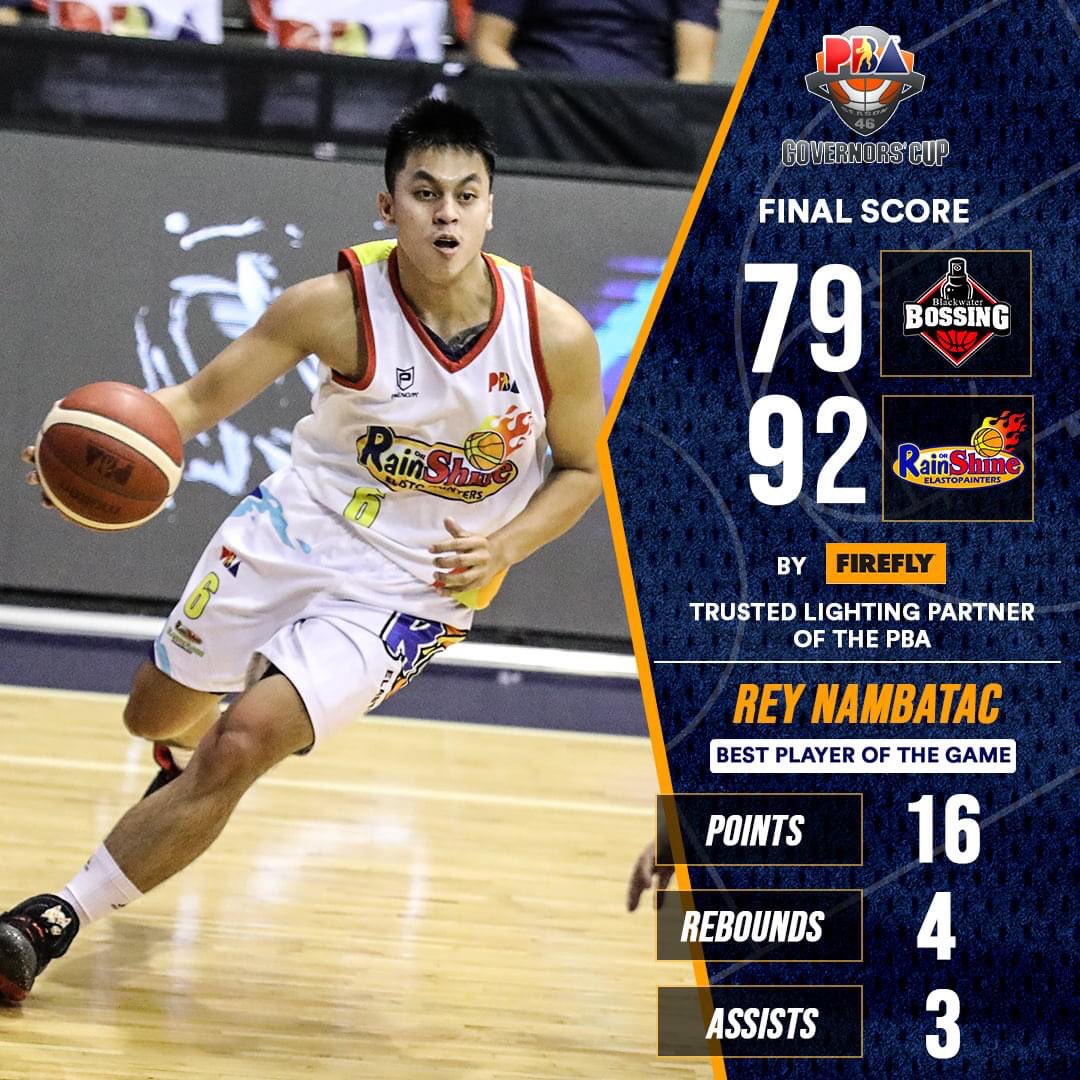 FINAL: 92-79 in favor of the Rain or Shine Elastopainters! Best Player: Rey Nambatac with 16 points, 4 rebounds and 3 assists. By Firefly - Trusted Lighting Partner of the PBA #PBAItuloyAngLaban