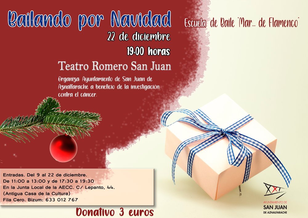 Ya se puede adquirir entradas para el espectáculo "Bailando por Navidad"a beneficio de la investigación contra el Cáncer.

En la sede de la Junta Local de  San Juan de Aznalfarache de la AECC. Donativo de 3 euros.

ayto-sanjuan.es/es/actualidad/…