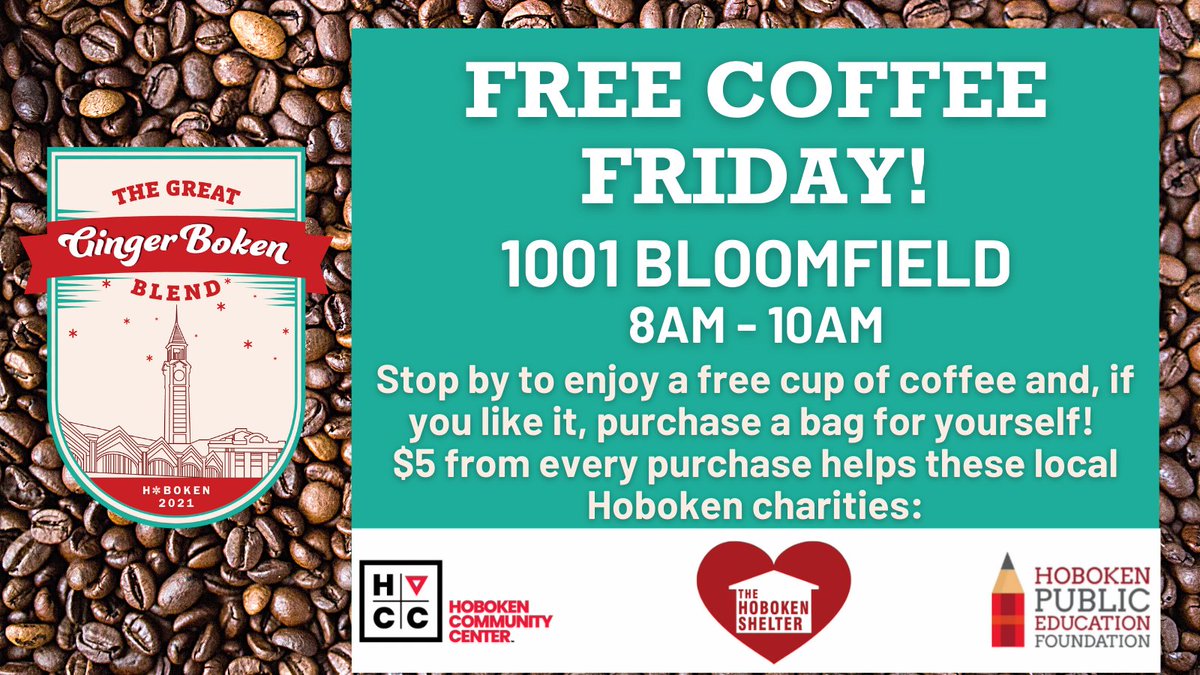 #FreeCoffeeFriday is back again this week! Join us at 1001 Bloomfield to sample the GingerBoken blend coffee and purchase a bag to support three local #Hoboken charities. 

🎁 This holiday blend coffee makes the perfect gift for friends, neighbors and co-workers!