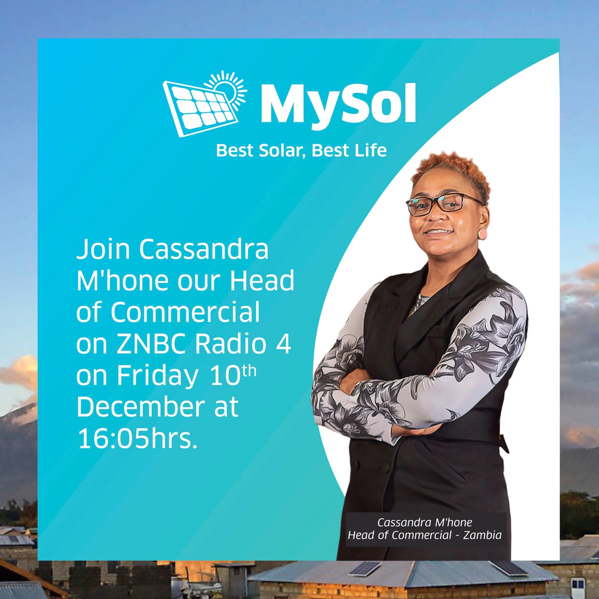 MySolZambia's tweet photo. Join Cassandra M'hone our Head of Commercial, on ZNBC Radio 4 on Friday 10th December at 16:05hrs as she discusses our ongoing rebranding and the MySol 43-inch TV. https://t.co/Hzu8zlblAh