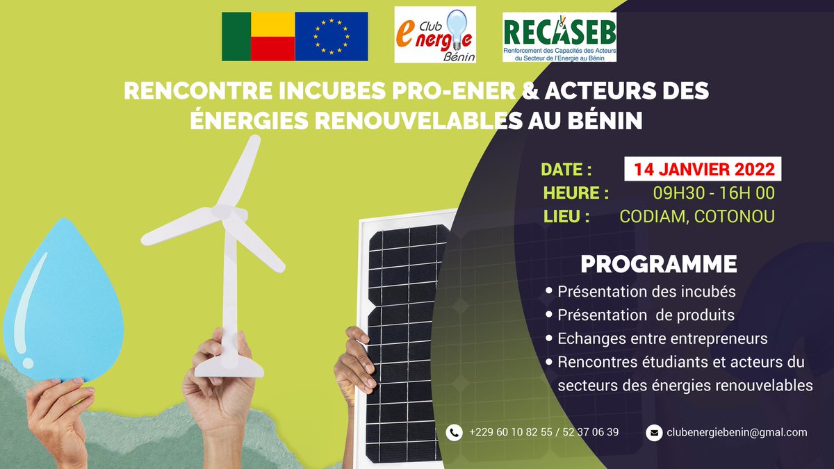 cenerb_ong's tweet photo. Urgent
Notre journée  Rencontre Incubés PRO ENER et Acteurs des énergies Renouvelables au Bénin initialement prévu pour le 17h décembre est reporté au 14 Janvier 2022 de 09h30 à 16h. 

Merci de prendre le rendez-vous.

ONG CENERB, pour un accès Durable à l'énergie https://t.co/kVarVnazEX