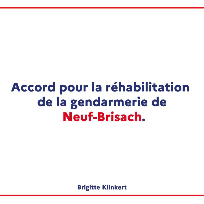 KlinkertBrigitt's tweet photo. Je suis heureuse d’annoncer la rénovation de la gendarmerie de @NeufBrisach. Merci à mon collègue @GDarmanin de son soutien et aux élus locaux, dont le Maire, Richard Alvarez pour leur engagement sur ce dossier. Une excellente nouvelle pour le territoire ! #Alsace https://t.co/iPdzLUfYLg