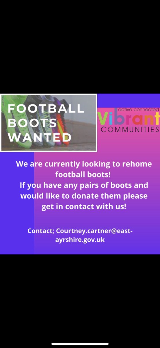 ActiveSchoolsEA's tweet image. We are currently looking to rehome football boots to local young people in schools across East Ayrshire! All sizes required although must be wearable⚽️ @ScotFASouthWest  @EacEducation @eacSport @VibrantEAC @Vibrant_Socks @EACChiefExec @EastAyrshire @AyrshireEPolice