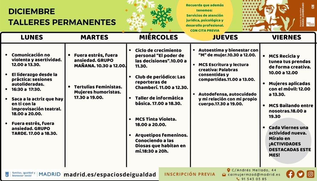 👉¡PROGRAMACIÓN MES #DICIEMBRE !❄️
¡Para que no te pierdas nada!📝 
Si quieres inscribirte en alguna actividad recuerda que puedes contactarnos a través de