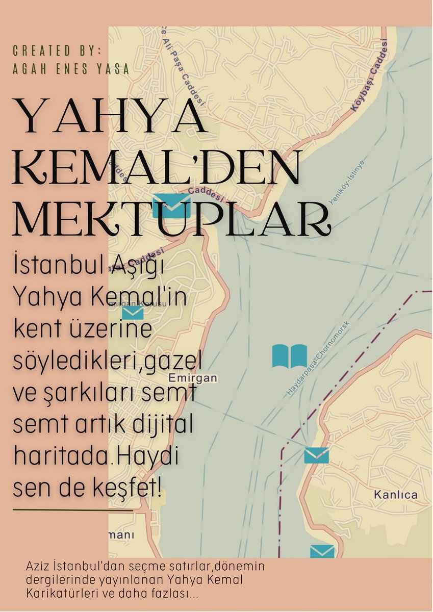 Yahya Kemal’in İstanbul üzerine yazdığı 40’dan fazla şiir ve denemesini dijital bir atlas haline getirdim.Bu sayede harita üzerinden gezinerek Kemal’in o semt üzerine söylediğini keşfetme şansınız olacak.Buyrun : storymaps.arcgis.com/stories/e216c1…