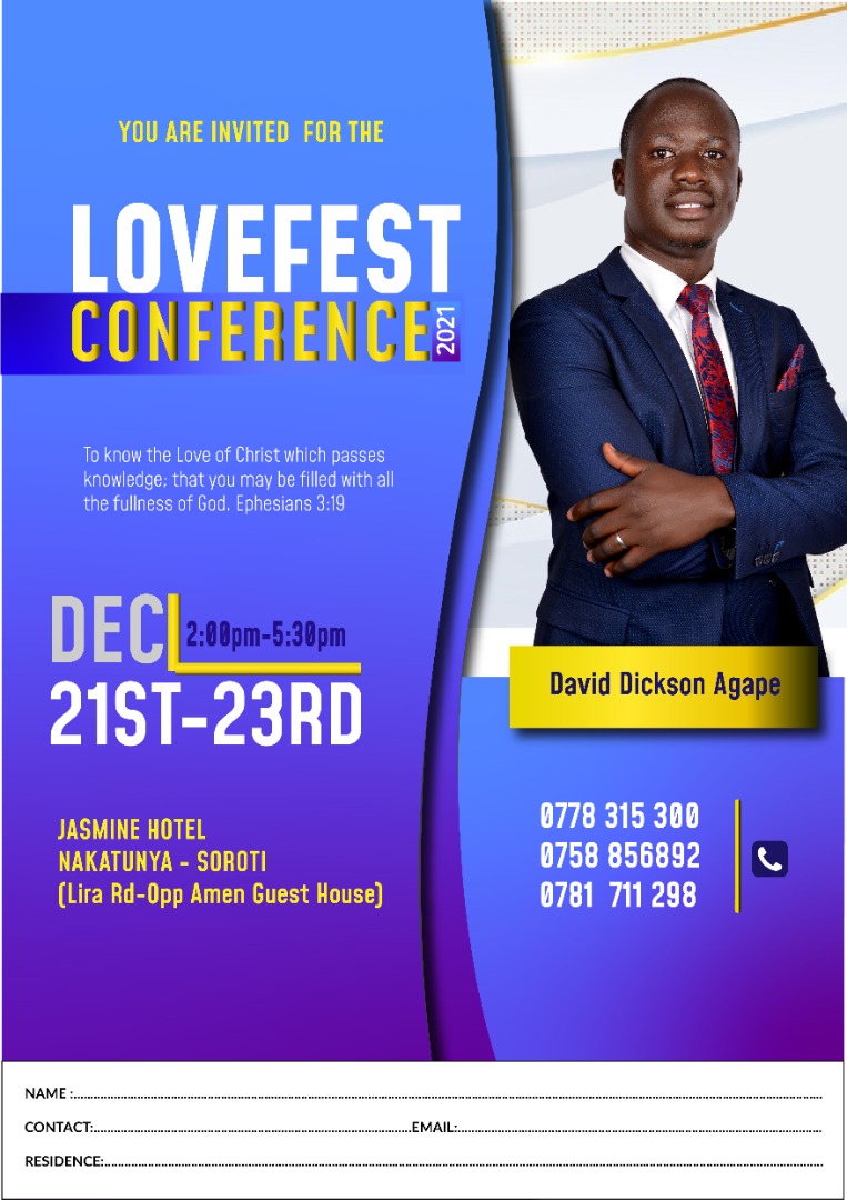 AgapeDickson's tweet photo. Here comes a visitation in the Land of Soroti City. For such an appointed time the Lord has set. 
Welcome to #Lovefest conference 2021.
@AgapeDickson 
#Lovefestconference2021
#Theloverevolution https://t.co/jFP8YCrll0