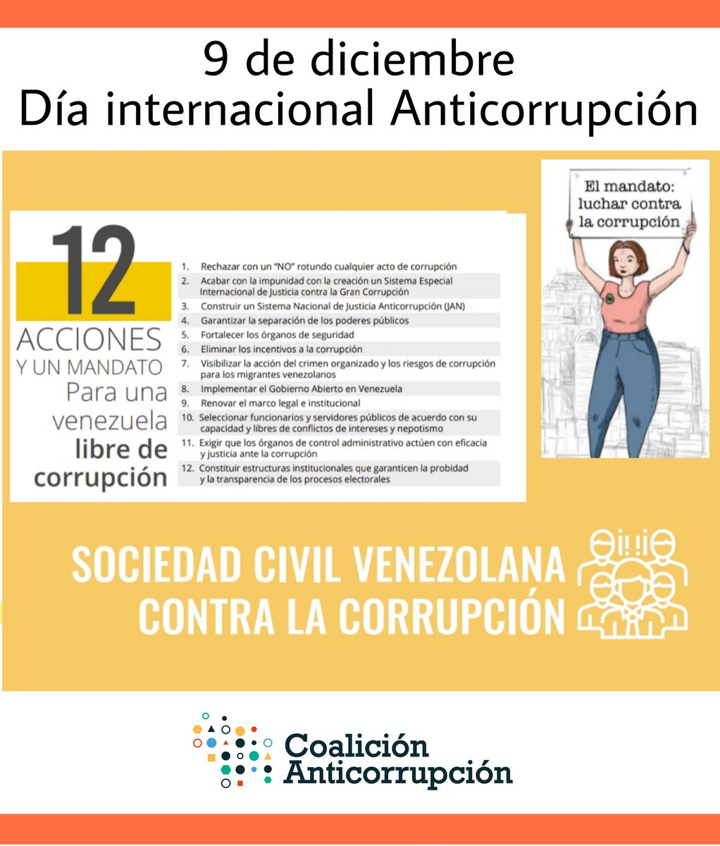 Como aliados de la Coalición Anticorrupción, les invitamos a sumar esfuerzos para darle la lucha a este flagelo que ha producido la Emergencia Humanitaria Compleja en Venezuela
Por una Venezuela íntegra!
9-12 Día Internacional contra la Corrupción
<a href="/VSinCorrupcion/">Coalición Anticorrupción</a> 
<a href="/NoMasGuiso/">Transparencia Vzla</a>