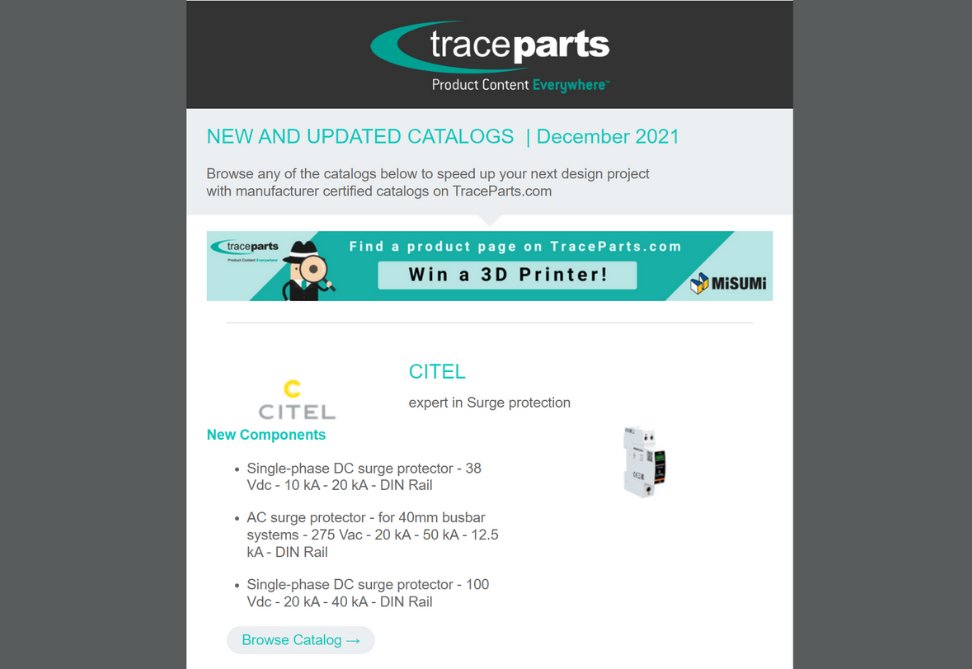 TraceParts's tweet photo. Our latest Catalogs Newsletter has been sent! 📨 

Check out the new and updated part catalogs featuring products from: CITEL, LIPRO d.o.o., Wefapress, WÜRTH ELEKTRONIK, EXAIR CORPORATION. 
👉 https://t.co/tRSaso4fE4 

#3DCAD #CAD #caddesign #TraceParts #3DCADmodels https://t.co/amk3lGQQCf