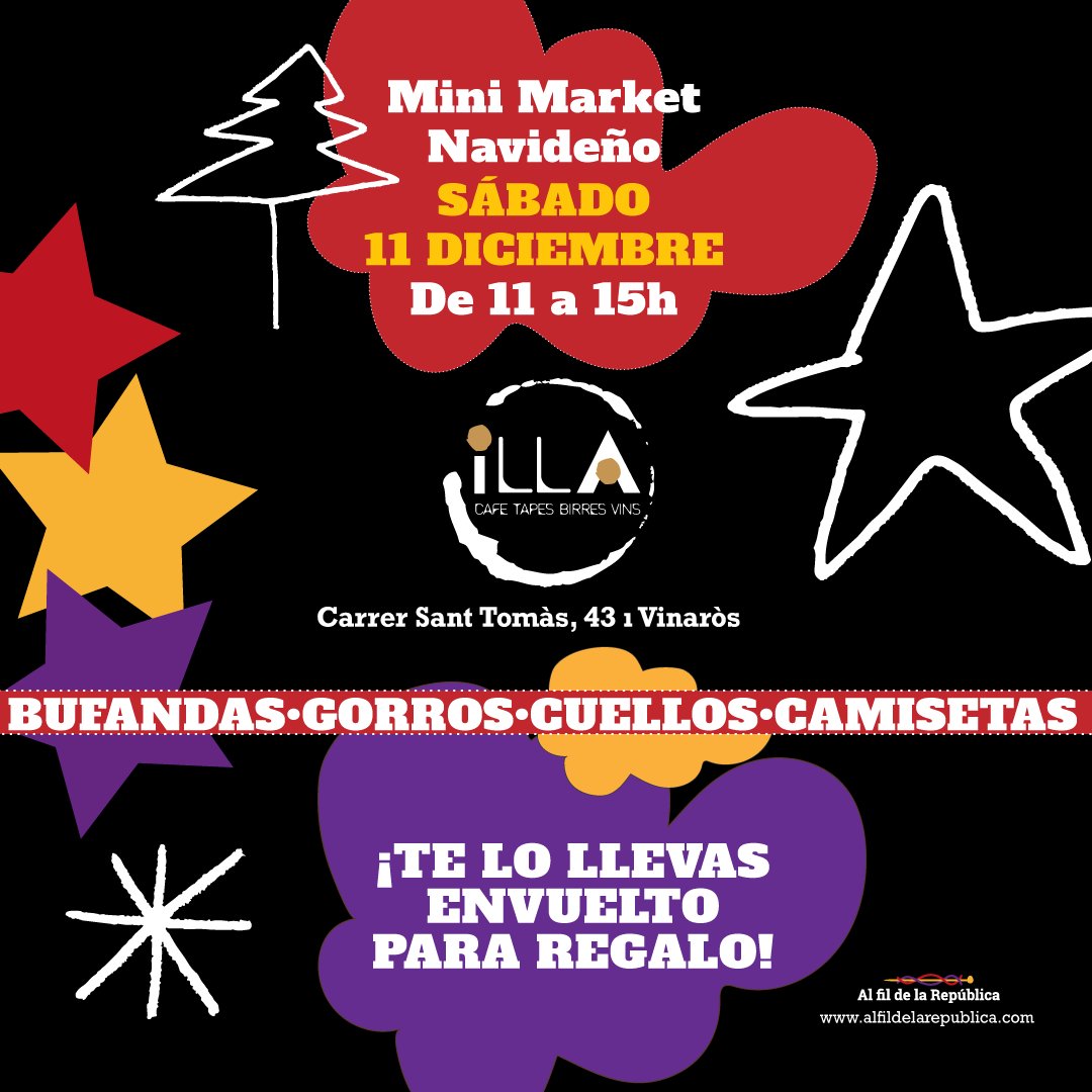 FilRepublica's tweet photo. 🙋‍♀️  El sábado 1️⃣  1️⃣  de diciembre, de ⏰  11 a 15h, no te pierdas el Mini Market Navideño en la Cafetería L'Illa Vinaròs con #descuentosespeciales para los 🎁  regalitos de Navidad🧣 Bufandas, cuellos, 🧶  gorros y camisetas ¡con descuentos! Y todo 🛍️  envuelto para 🎁. 🎄 https://t.co/rhCWZbwaME