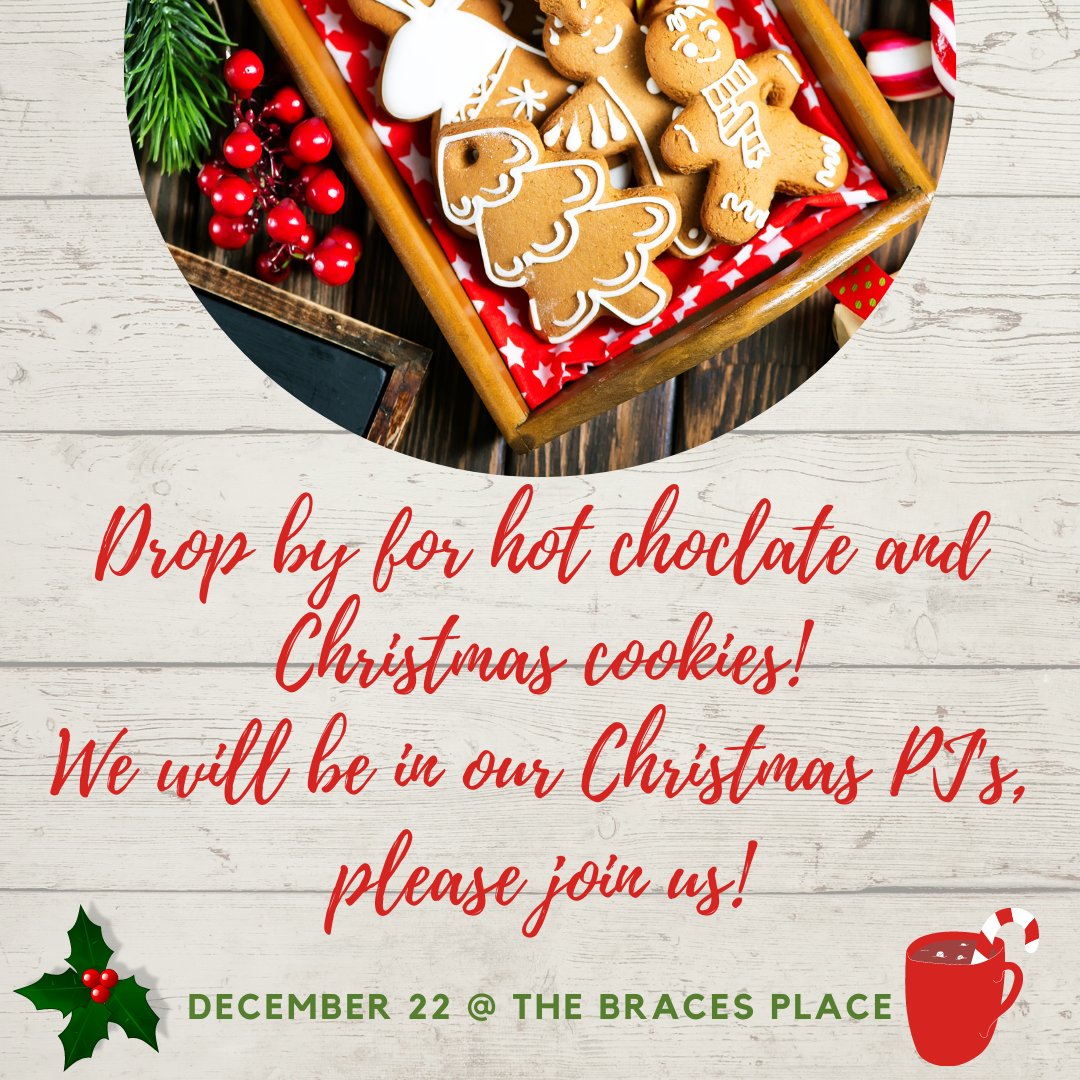 TheBracesPlace's tweet photo. Drop in for Christmas cookies and hot cocoa on December 22nd!
We will be in our Christmas pajamas - so join us and wear yours too!

Do you have a favorite Christmas cookie?

#ChristmasCookies
#HotChocolate
#TheBracesPlace
#TisTheSeason https://t.co/XWxT10pftI