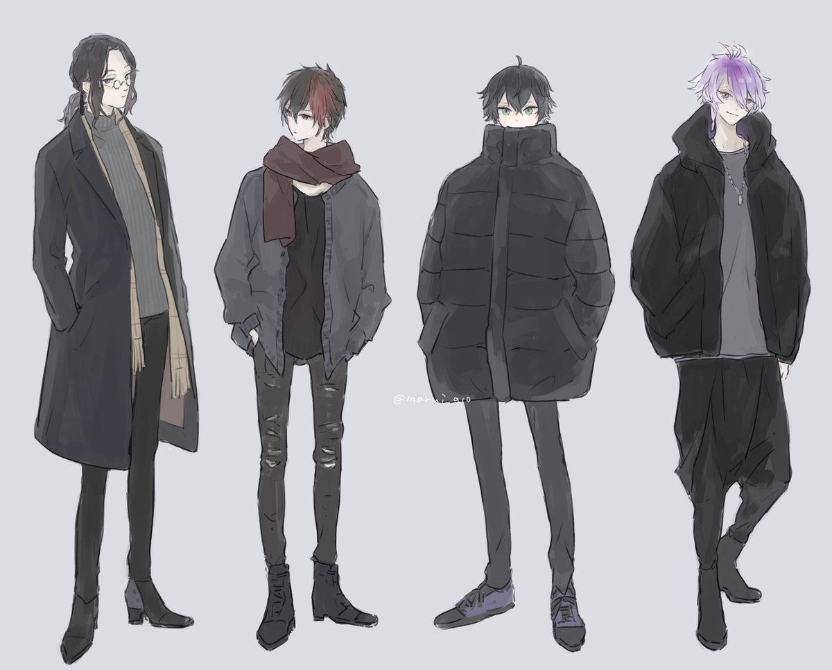 multiple boys black hair glasses purple hair male focus pants scarf  illustration images