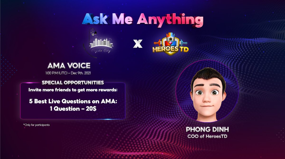 Join our AMA with Crypto City at 8 PM (GMT +7) - December 9th, 2021.
👉👉👉 Let’s stake HTD: dapp.heroestd.io/blind-box
#heroestd #nftgame #cryptocity