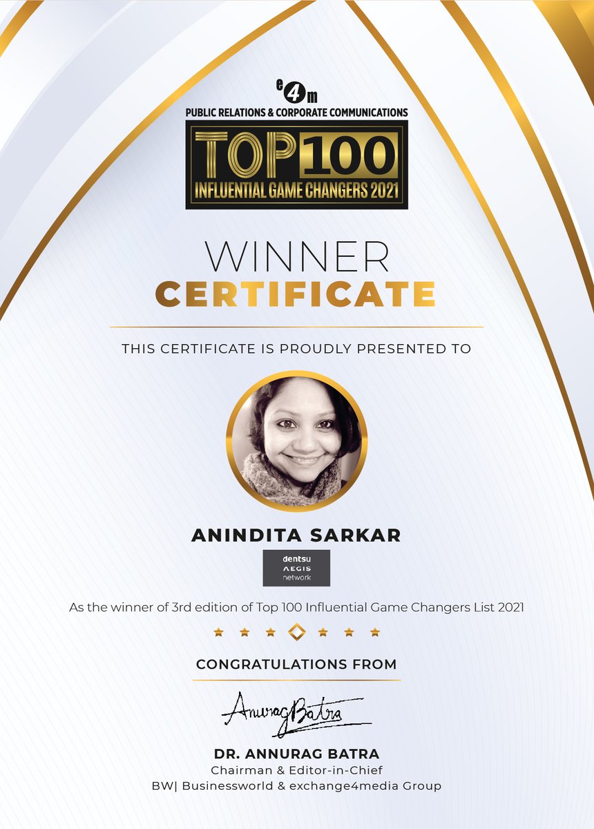 Our heartiest congratulations to @saranindita from @DentsuIN for being a part of the 3rd edition of the exchange4media PR & Corp Comm - Top 100 Influential Game Changers List 2021  

@anuragbatrayo @nawalahuja @karanbhatias
 
#e4mprtop100gamechangers #top100