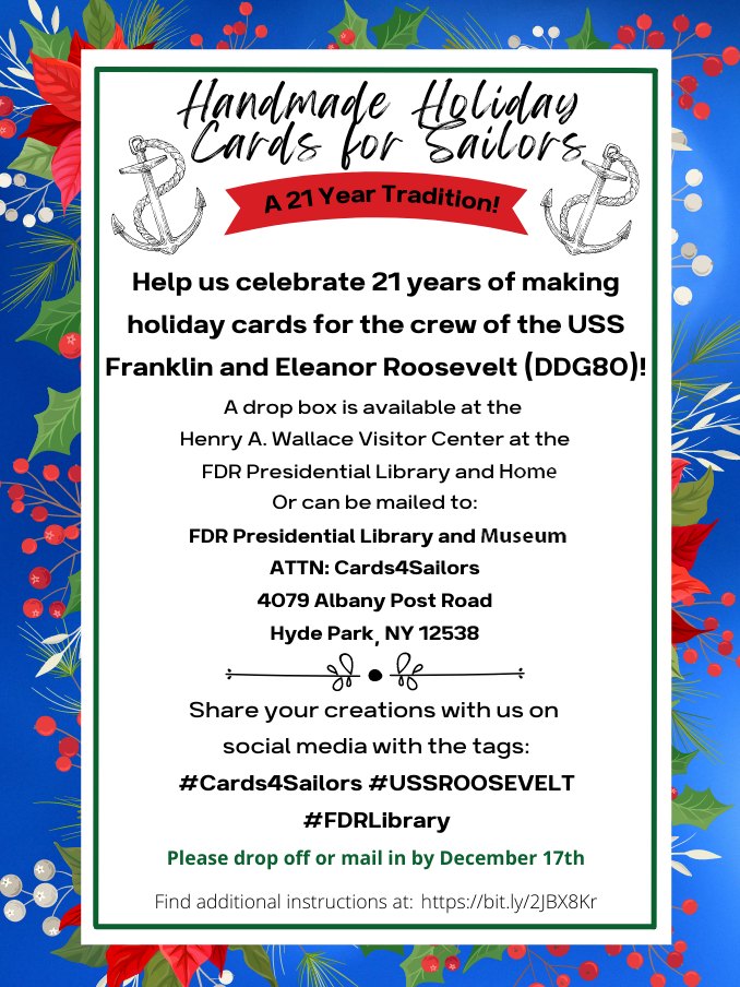 FDRLibrary's tweet photo. Holiday Cards for Sailors: Keep them coming!
Join us as we celebrate 21 years of creating handmade holiday cards for the crew of the USS Franklin and Eleanor ROOSEVELT -- USS Roosevelt (DDG80).
INSTRUCTIONS: https://t.co/HpVGjG7D5q
#Cards4Sailors #USSROOSEVELT #FDRLibrary https://t.co/7ntY5JTL6T