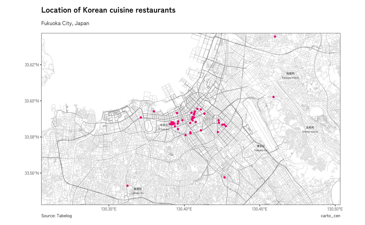 cartocen's tweet photo. Concentration of different restaurant types in Fukuoka City, Japan.
It’s interesting that Tempura restaurants line up on a straight line.

#maps #DataViz #DataScience #rstats #地図 #地理 https://t.co/t7v0iZQjuC
