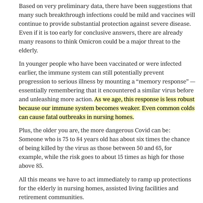 zeynep's tweet image. There's much to learn about Omicron, but we know exactly why it threatens the elderly whose immune systems are different. Nursing homes must act *now*, and not by isolating and locking down the elderly, but by enacting protocols to keep the virus out. New: nytimes.com/2021/12/09/opi…