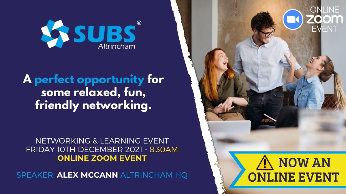 Missed the last <a href="/SUBSbizEvents/">SUBS Business Events</a> Networking &amp; Learning Event?

Don't worry, join us for our last SUBS Altrincham event of the year - NOW MOVED ONLINE!

It'll be a perfect opportunity for some relaxed, fun, friendly networking.

Secure your place here: portal.subsbusinessevents.co.uk/post/subs-altr…