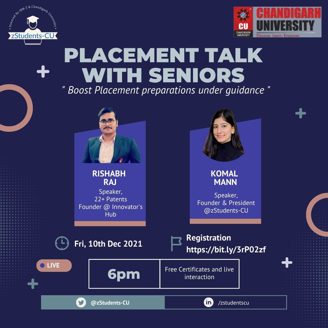 Worried about placements and career opportunities?🤔

#zStudentsCU brings you an exciting event on 
"Placement Talk With Seniors" to get rid of all your doubts and worries!

🔗Link: bit.ly/3rP02zf

#placements #ibm #webinar #event #online #Trending 
#chandigarhuniversity