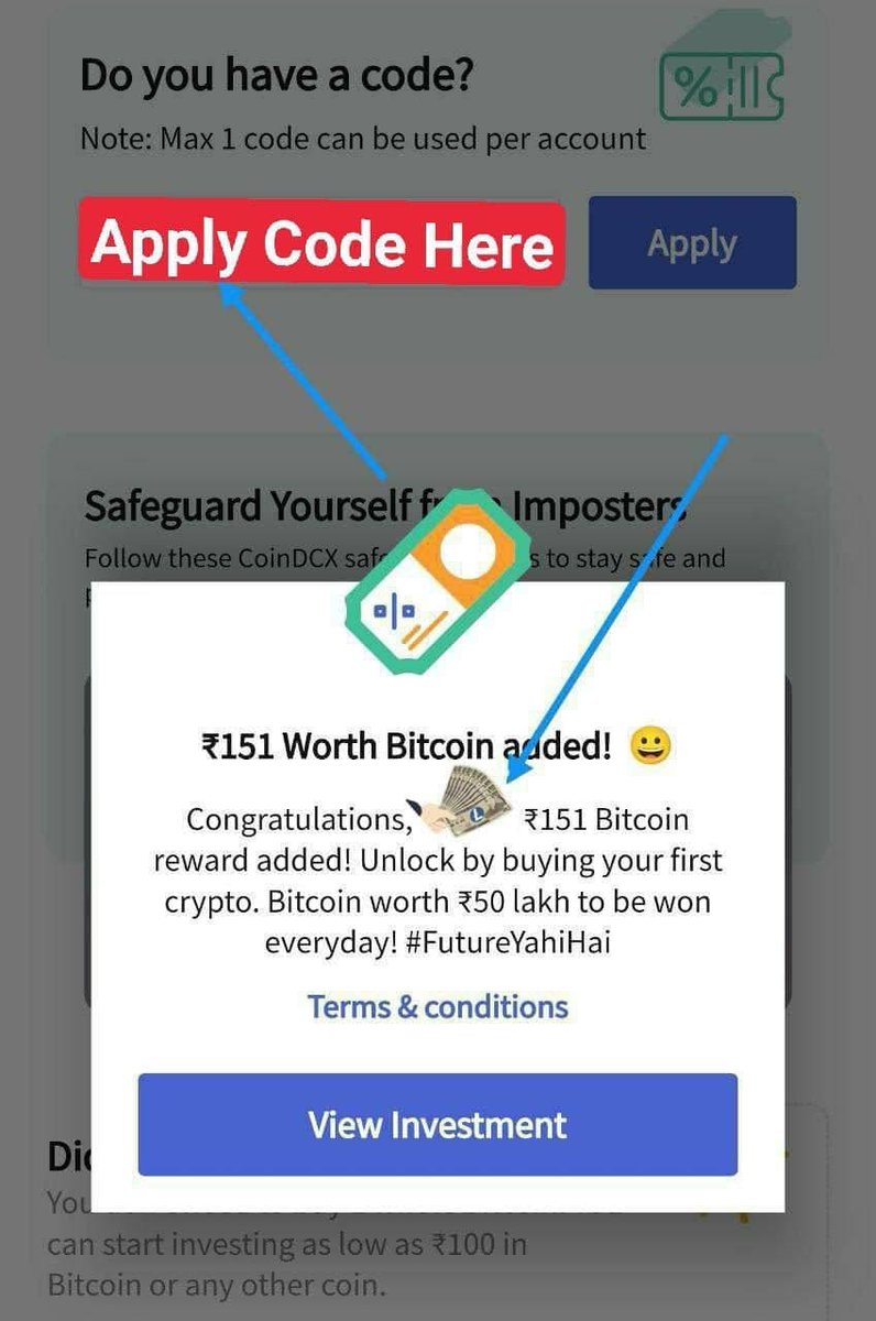 CoinDCX New Offer: Now Get BitCoin worth ₹151 for FREE & Start Crypto  Trading🔥 Follow These Steps : Download CoinDCX : https://t.co/0lZZqqIWlH  1. Download the App 2. Register & Use this Code :