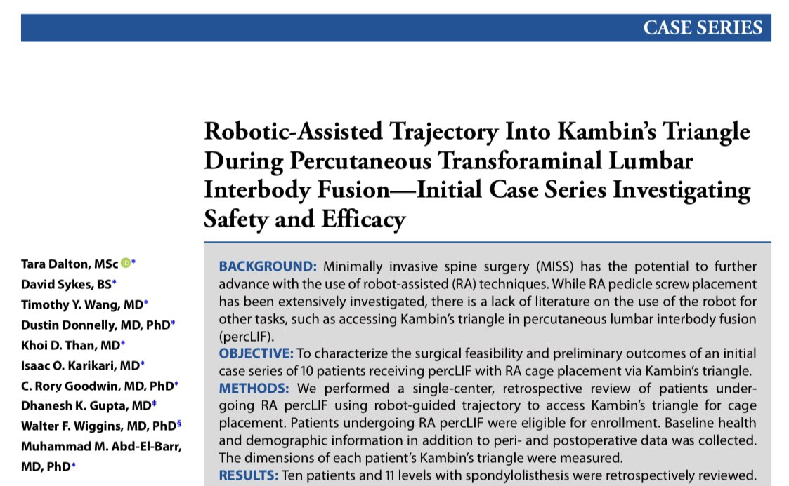 JohnHShinMD's tweet photo. Latest on 🤖 from @DukeSpine @abdelbarrspine now published @NeurosurgeryCNS #ONSFree: Robotic-Assisted Trajectory Into Kambin's Triangle During Percutaneous TLIF - Series Investigating Safety and Efficacy. Check it out! 

@CNS_Update @spinesection 

https://t.co/HeG1Psr4Gw https://t.co/7nXgP9IltL