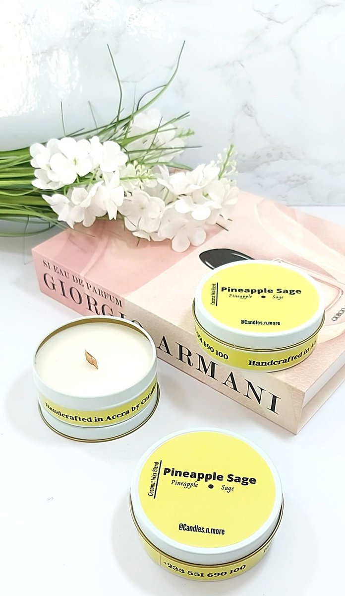 Candles_n_more's tweet photo. Sage drives away negative energy. And what better way than to pair it up with juicy pineapple.  If you prefer strong scented candles, this should be your go to. Still 59 cedis #coconutwaxgh #romanticsetup #accra #thisisaccra #scentedcandlesgh #tealightgh #madeinghana #souvenirsgh https://t.co/AyI9FtuOsd