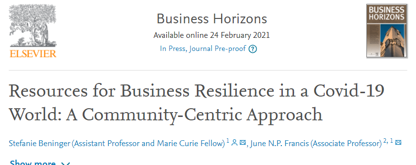 IE_BSRG's tweet photo. Community resources can be important for businesses, especially when seeking to bolster resilience. This co-authored article from IE professor, Stefanie Beninger, together with June Francis, provides a model of resources needed to support resilience: https://t.co/iiMn5gasIa https://t.co/Xmyay9zAI6
