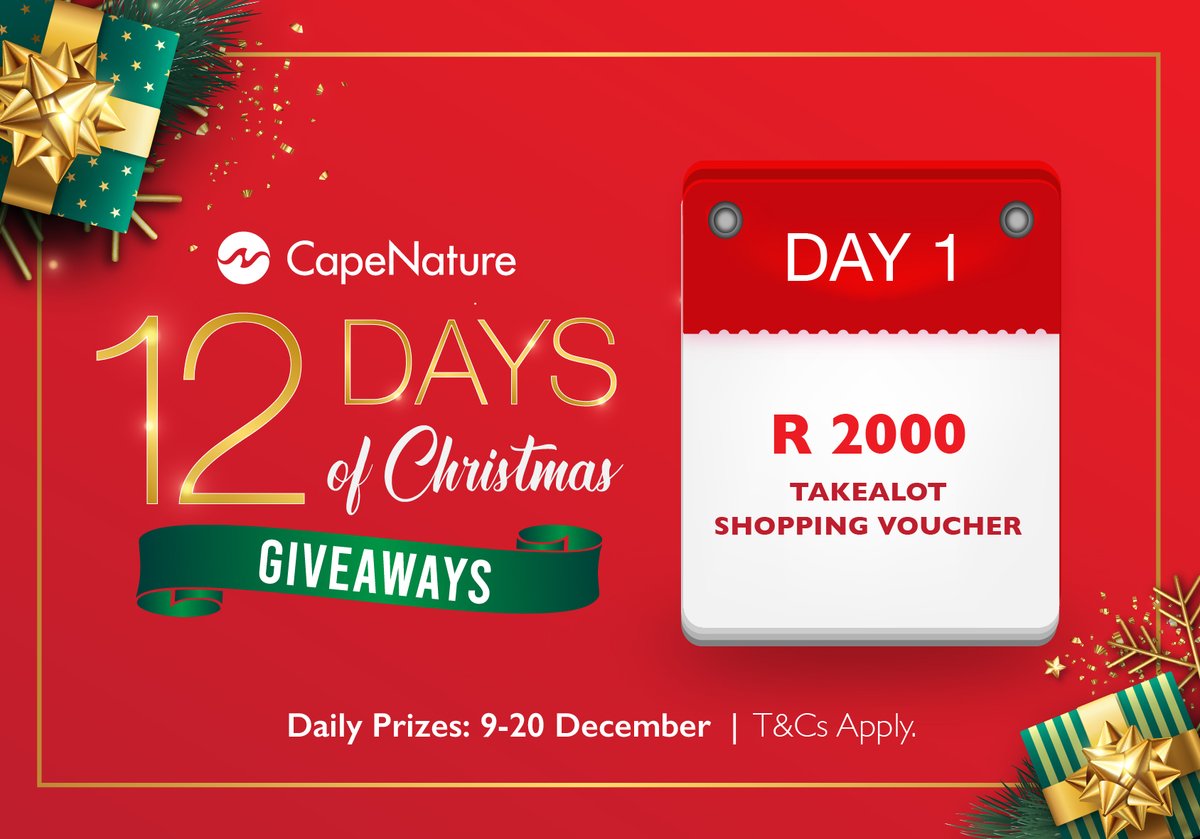 DAY 1 of CapeNature's 12 Days of Christmas prize giveaways is now LIVE! 

How to enter:
🎅 Like &amp; Follow the CapeNature Instagram page, Facebook page &amp; Twitter account
🎅 Retweet this post 
🎅Subscribe to the CapeNature newsletter via capenature.co.za 

#12DaysOfChristmas