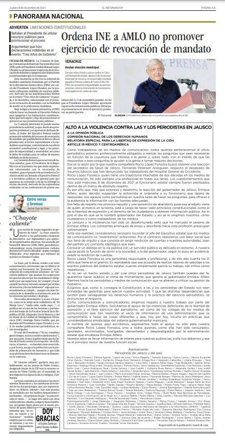 CANAL44TV's tweet photo. A la opinión pública contra las y los periodistas en Jalisco, @CNDH, @CIDH, @article19mex: alto a la violencia contra las y los periodistas en Jalisco.

Esta mañana en @Reforma, @informador y @NTRGuadalajara https://t.co/mVPeOMRYrV