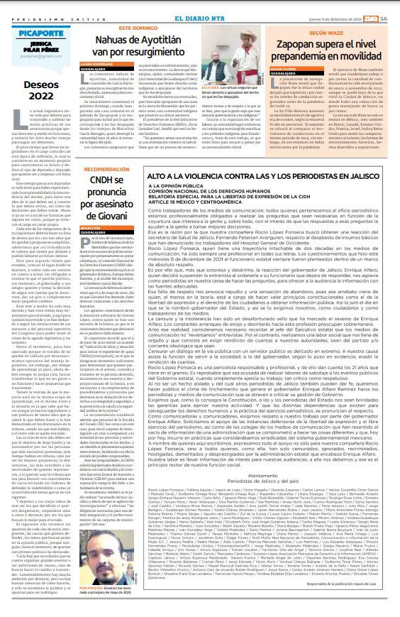 CANAL44TV's tweet photo. A la opinión pública contra las y los periodistas en Jalisco, @CNDH, @CIDH, @article19mex: alto a la violencia contra las y los periodistas en Jalisco.

Esta mañana en @Reforma, @informador y @NTRGuadalajara https://t.co/mVPeOMRYrV