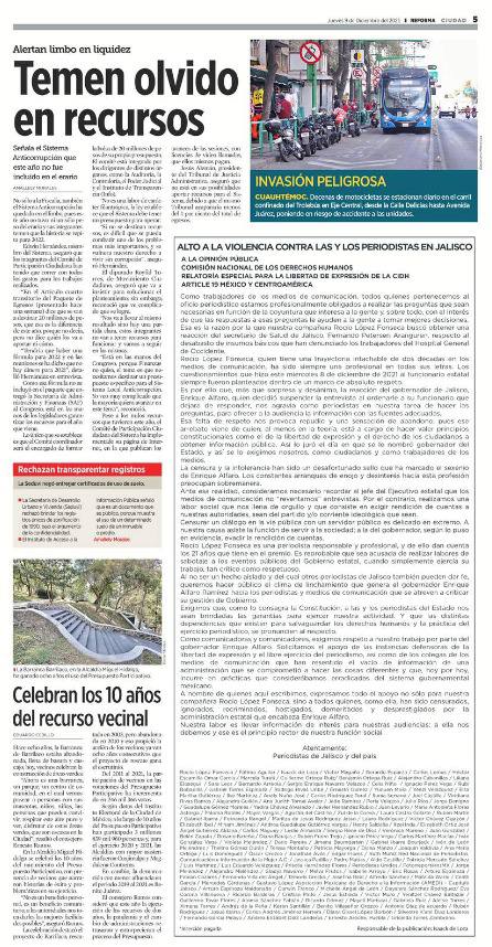 RadioUdeG's tweet photo. A la opinión pública contra las y los periodistas en Jalisco, @CNDH, @CIDH, @article19mex: alto a la violencia contra las y los periodistas en Jalisco.

Esta mañana en @Reforma, @informador y @NTRGuadalajara https://t.co/4gV7H3Wj8i