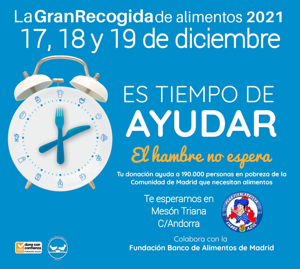 Los próximos días 17, 18 y 19 de diciembre realizaremos en nuestra sede la recogida de alimentos para los más desfavorecidos. Anímate y ayuda.
#fiebreazulfuenla