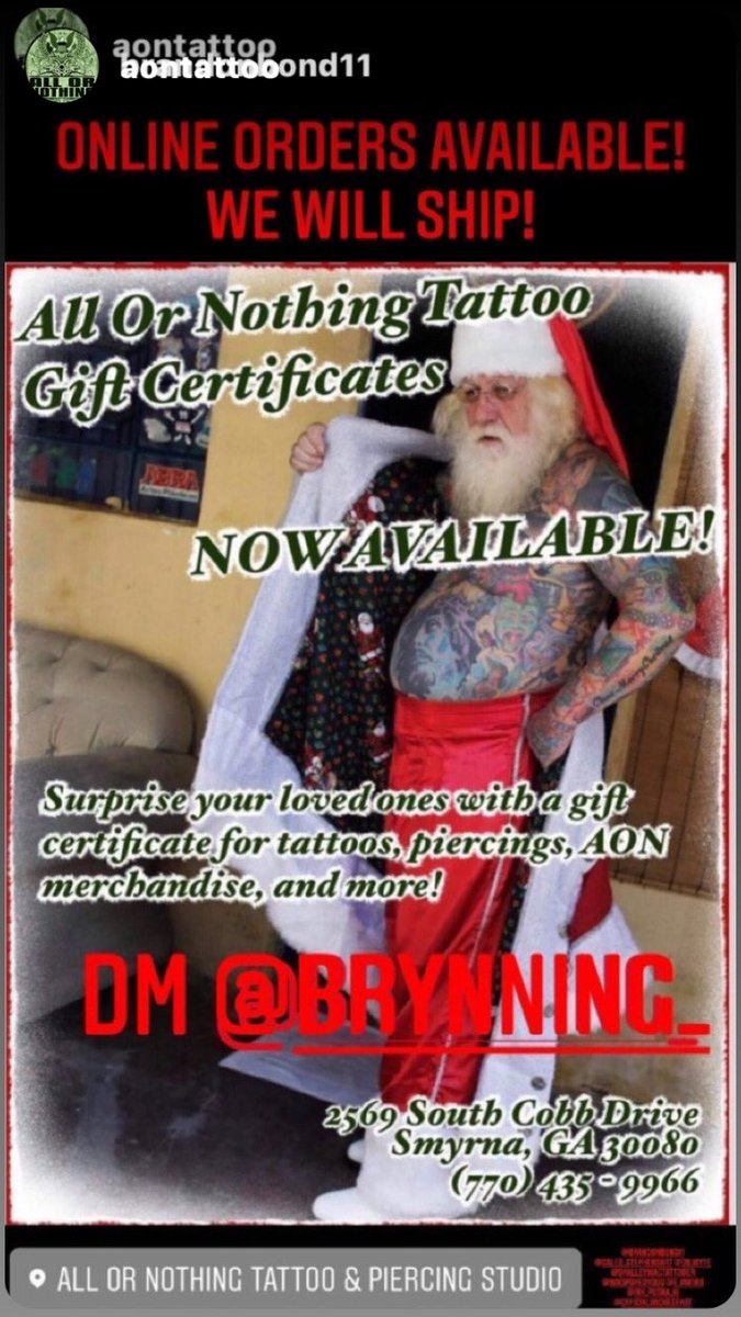 Gift Certificates now available and ready to ship worldwide! CashApp or Credit Card accepted! Give the gift that literally lasts a lifetime! 10$ up to 2,000$ & Every denomination in between! Shipping daily! @AONTATTOO (770)435-9966