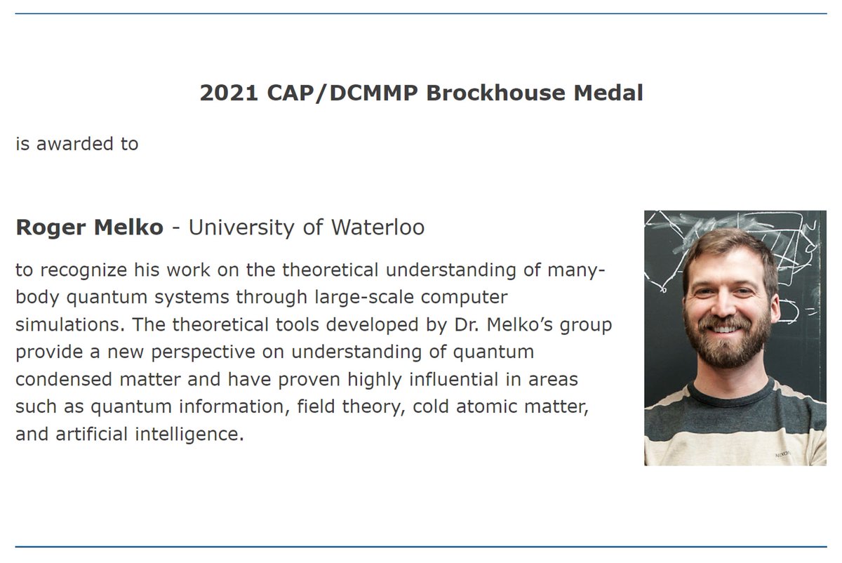 CAPhys (@caphys) on Twitter photo The 2021 CAP/DCMMP Brockhouse Medal is awarded to Roger Melko (<a href="/UWaterloo/">University of Waterloo</a>) to recognize his work on the theoretical understanding of many-body quantum systems through large-scale computer simulations! #CAPMedal ow.ly/ZBzS50H7pmk The 2021 CAP/DCMMP Brockhouse Medal is awarded to Roger Melko (<a href="/UWaterloo/">University of Waterloo</a>) to recognize his work on the theoretical understanding of many-body quantum systems through large-scale computer simulations! #CAPMedal ow.ly/ZBzS50H7pmk
