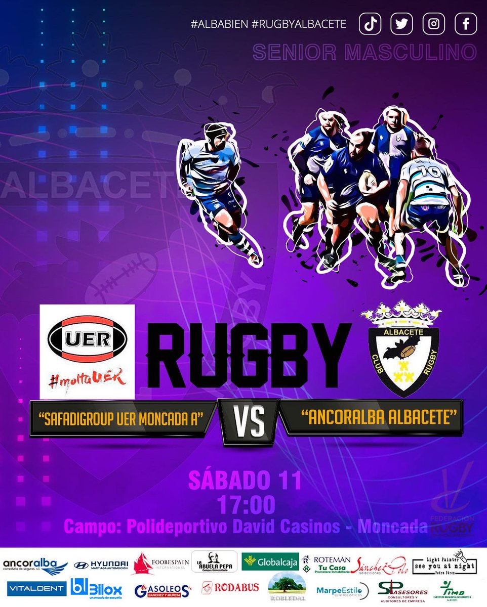 SENIOR ANCORALBA ALBACETE
🕒Sábado 11 a las 17:00
🏉 vs <a href="/UERMontcada/">UER MONTCADA 💪🏉🏉</a> 
🏟Polideportivo David Casinos

#albabien #cralbacete #rugbyalbacete