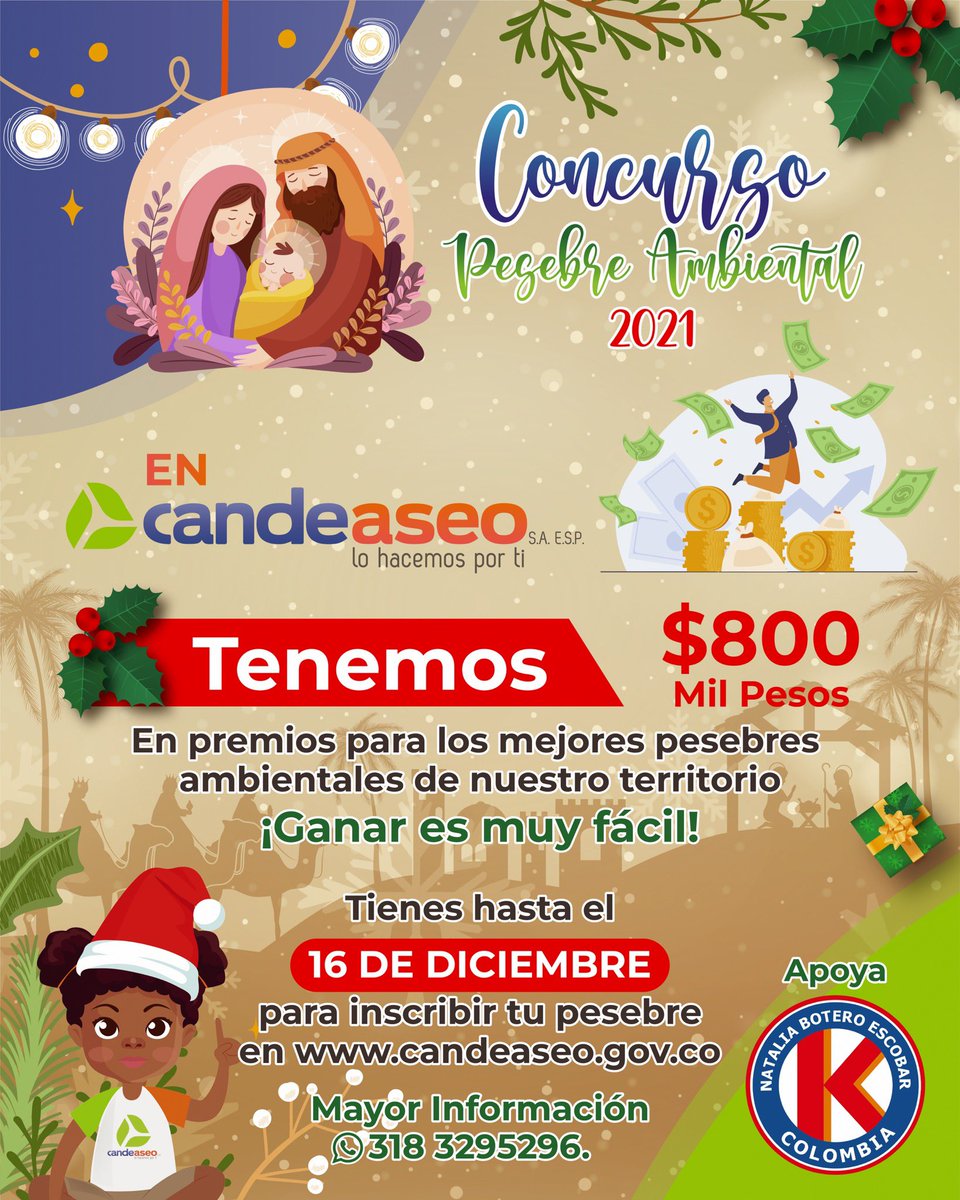 CANDEASEO's tweet photo. #Concurso 🤩 Son $800mil pesos en premios para los mejores pesebres ambientales de @candelariavall3 ⚪️♻️ Inscripciones abiertas hasta el 16 de diciembre.

Inscríbete en https://t.co/05Doaa3MMQ 

Más info al whatsapp 📲3183295296.

Apoya: @fkcolombia https://t.co/0tnUNbldWV