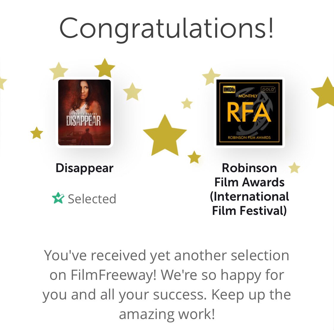Excited to announce Disappear is now an official selection at Robinson Film Awards! #robinsonfilmawards