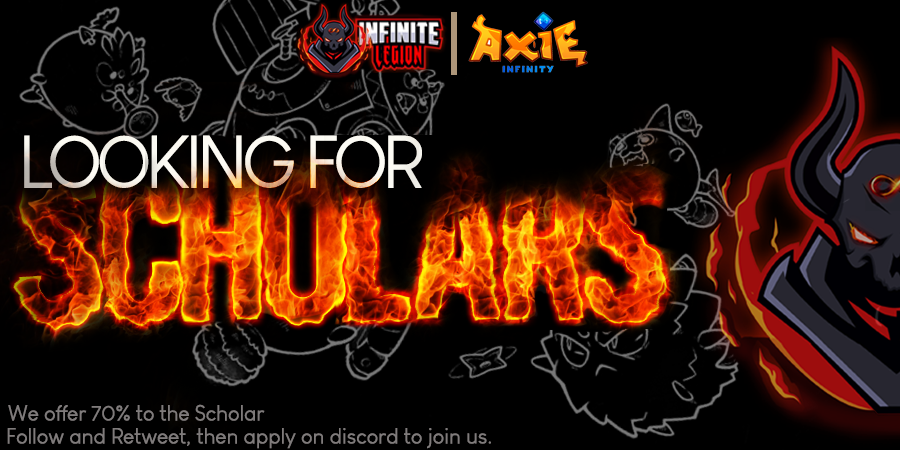 P2ELegion's tweet photo. Infinite Legion is recruiting @AxieInfinity scholars! 
Follow, retweet, tag a friend then apply here: https://t.co/GEngINkltG #Scholarship #PlayToEarn https://t.co/3kLvtkKypT