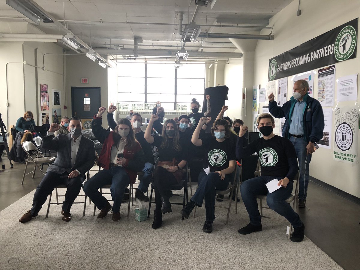 SBWorkersUnited's tweet photo. Waiting for the vote count by the NLRB and preparing to be the first unionized Starbucks in the United States. ✊🏽 https://t.co/WB8xLfjPgh
