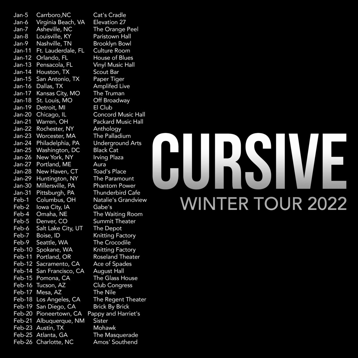 CursiveTheBand's tweet photo. More dates!!! Cursive headliner shows added to our tour with Thursday. New shows included below, with special guests No Devotion, The Appleseed Cast, Nate Bergman, and Criteria on select dates.

All tickets and dates at https://t.co/TgBQZlO5ci. https://t.co/dJpGTNtypy