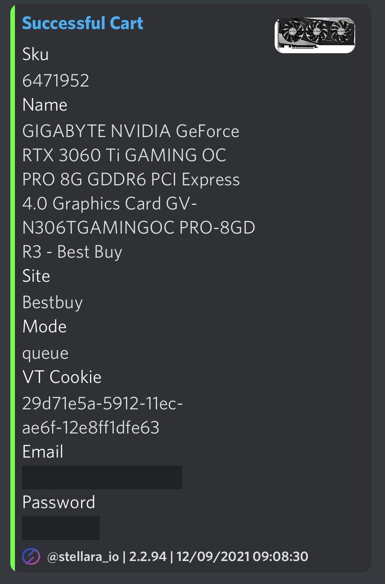 carloskickss's tweet photo. First time running BB and copped 3 gpus. Only 2 logged. 

Bot: @stellara_io 
Proxies: @StellaProxies 
Group: @mamiskitchenio https://t.co/dDkRdmxZ7U