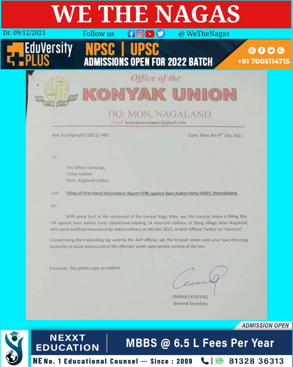 WeTheNagas's tweet photo. Konyak Union files FIR against Aam Admi Party (AAP) Uttarakhand.
@arvindkejriwal

Follow @wethenagas &amp; share News around you:
👉 WhatsApp: +919862025537
👉 E-Mail: wethenagas06@gmail.com
👉 DM, Hashtag or tag
#Nagaland #WeTheNagas #Dimapur #Kohima #Oting #OtingVillage #Konyak https://t.co/ZXennEyMBp