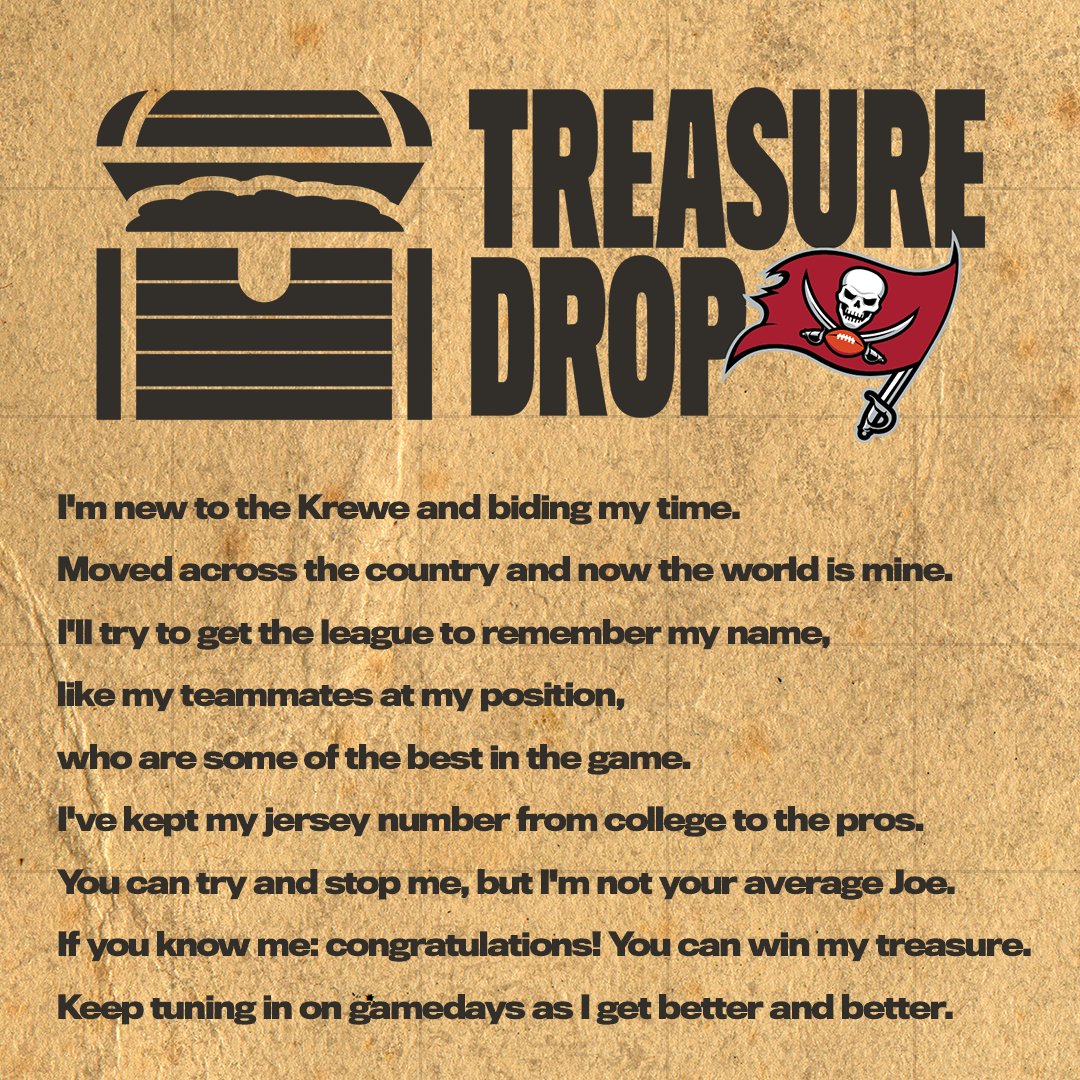 Buccaneers's tweet photo. Solve this riddle before 1 p.m. TODAY for your chance to win an exclusive Bucs prize pack and be entered to win one of our grand prizes, including signed Bucs gear and more!