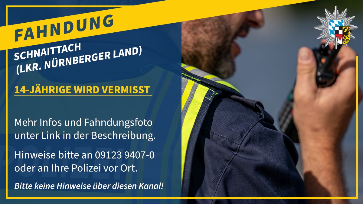 PolizeiMFR's tweet photo. Seit letzter Woche wird eine 14-Jährige aus #Schnaittach (Lkr. Nürnberger Land) vermisst.
 
Es ist nicht auszuschließen, dass sie sich im Bereich #Nürnberg aufhält.

Wir bitten um #Hinweise aus der Bevölkerung. 

Weitere Infos und Fahndungsfoto im Link:
https://t.co/aPRcWRWFVm https://t.co/hMeLhetsgK