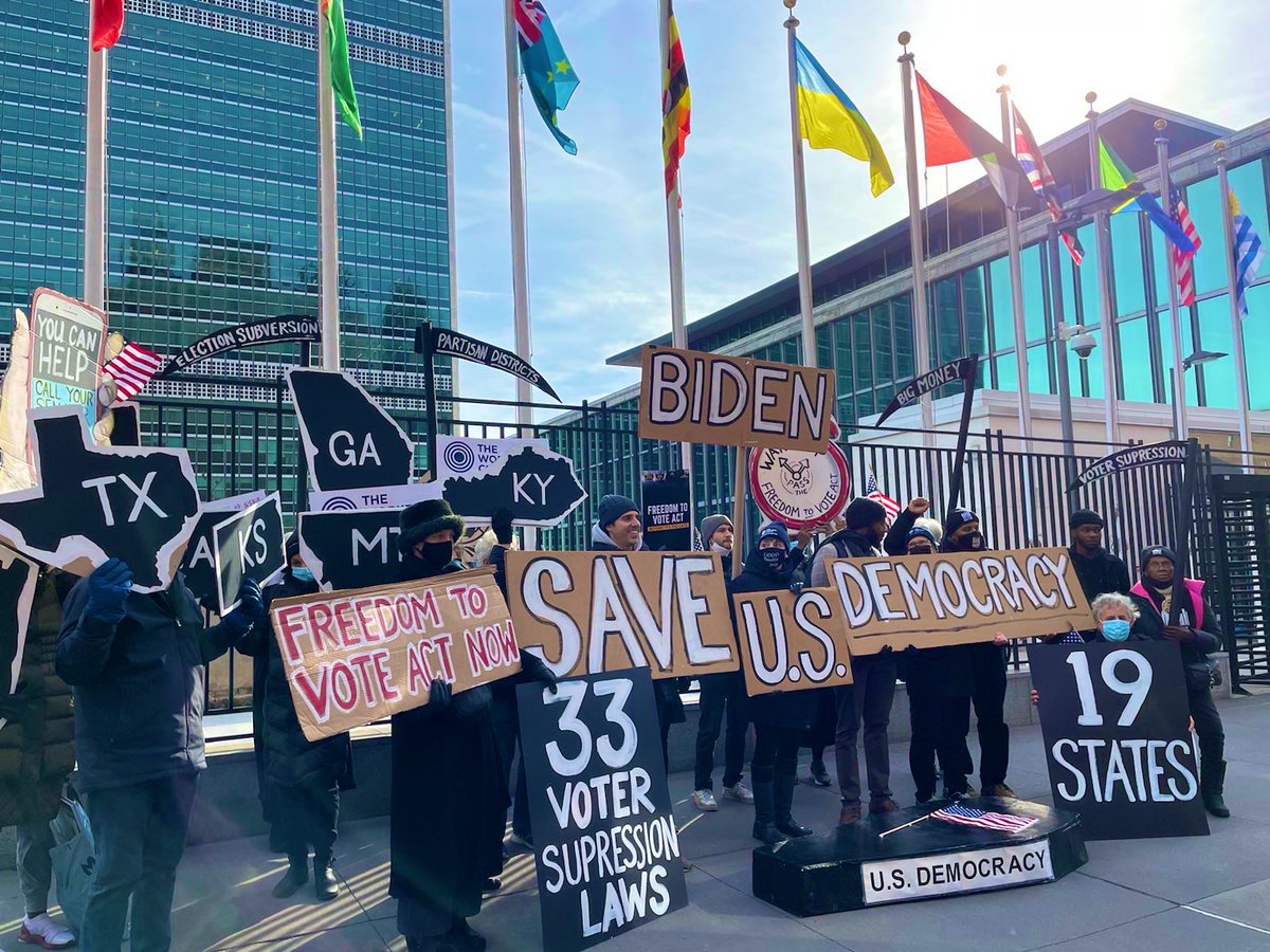 BlackVotersMtr's tweet image. We brought our message to the United Nations Headquarters in NYC. As world leaders attend the #SummitForDemocracy, we are spreading the message that our democracy is at stake! 

We are on the ground in multiple states. Join the movement, text “GOODTROUBLE” to 797979!