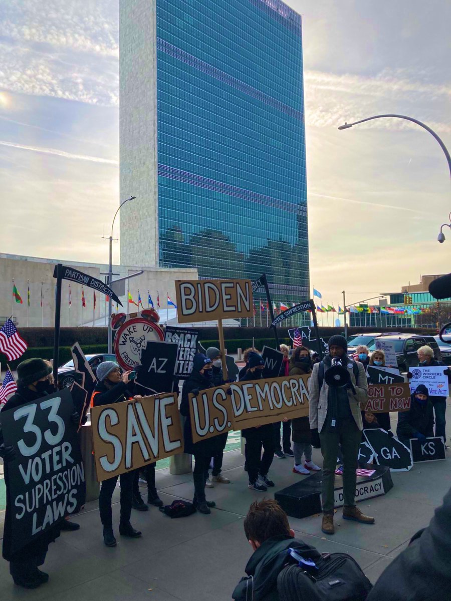 BlackVotersMtr's tweet image. We brought our message to the United Nations Headquarters in NYC. As world leaders attend the #SummitForDemocracy, we are spreading the message that our democracy is at stake! 

We are on the ground in multiple states. Join the movement, text “GOODTROUBLE” to 797979!