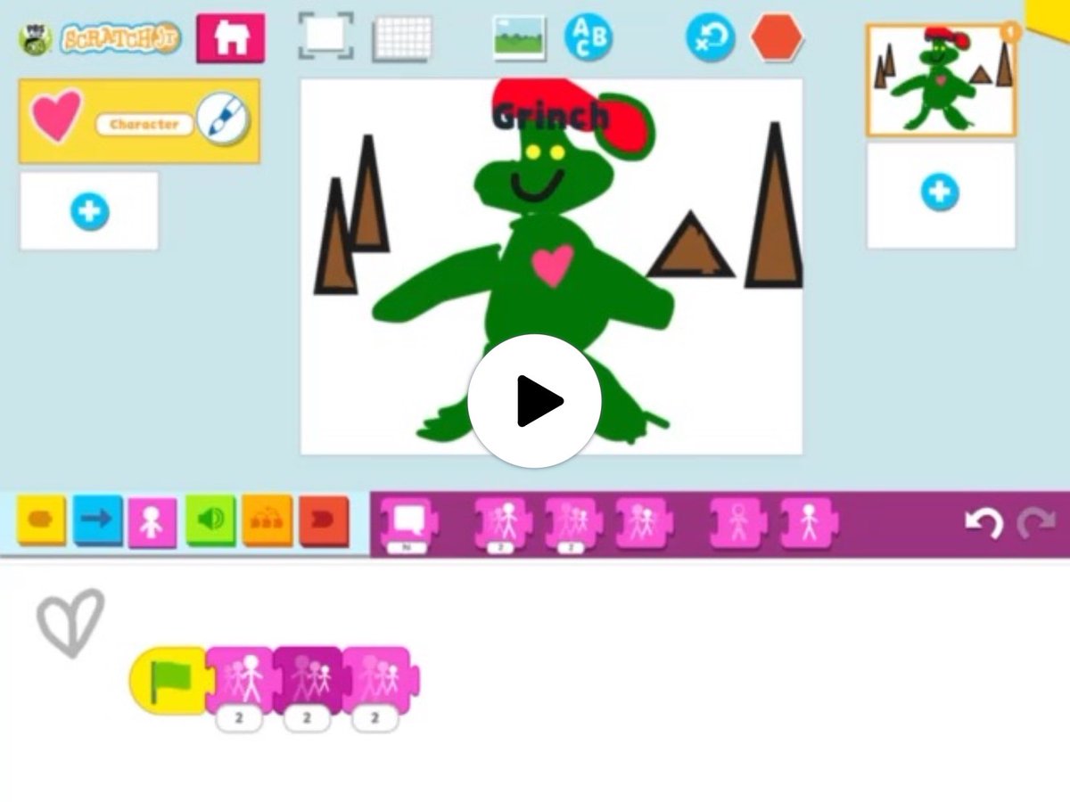 TraciPiltz's tweet image. It’s Grinch Day! 🎄These kindergartners used @PBSKIDS @ScratchJr to code the Grinch’s ❤️ growing. We used 🖌 to draw the Grinch as the background, then added a character &amp;amp; used the 🖌 to draw a ❤️. Ss used the blocks to make his heart grow, then 🔠 to add a label. #csedweek2021