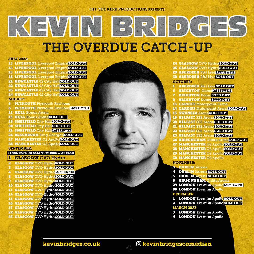 kevinbridges86's tweet photo. Final Glasgow show @OVOHydro going on sale tomorrow at 10am. What a city and thank you all once again. Extra Hull date added too and international dates announced next year for 2023! https://t.co/SZRPDTlNBe