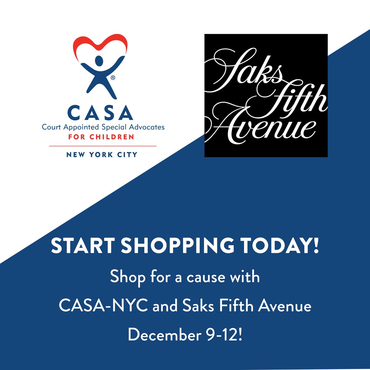 CASA_NYC's tweet photo. Starting today, we're partnering with @saks and 10% of the proceeds on purchases made through https://t.co/wnNdPR925p or in-store from Dec. 9-12 will be donated to #CASANYC! Use the code CASANYC at check out or shop in-store by showing this post (in store code: H00000704TI). https://t.co/18aD0M3MVA