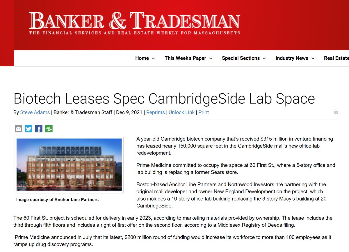 #Biotech company, Prime Medicine, leasing 150 ksf at the #Cambridgeside Mall's new office-lab development.  

go.shr.lc/3IATFFB