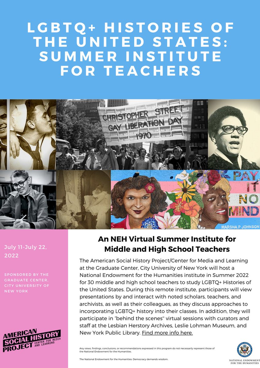 ashp_cml's tweet photo. Applications are now open for our 2022 @NEHgov Virtual Summer Institute! This year, we are inviting 30 middle and high school teachers to study LGBTQ+ Histories of the United States. Learn more information and apply now in the links below! https://t.co/KuwfqGRild